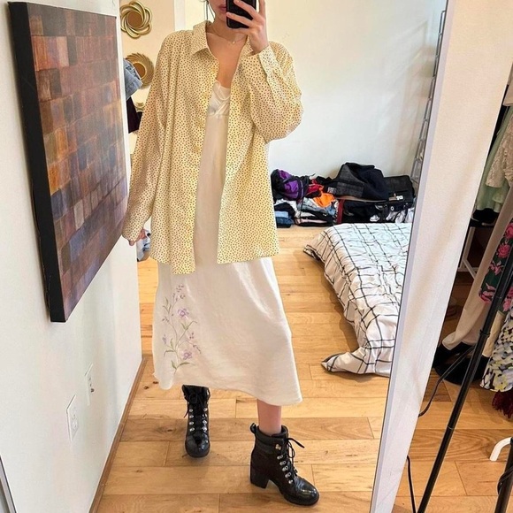 Tops - Yellow with Navy blue Polka Dot button down Shirt